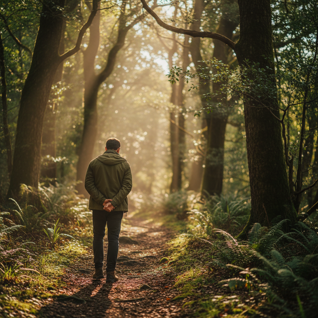 Homme marchant seul sur un sentier forestier baigné de lumière naturelle filtrant à travers les arbres, évoquant la marche consciente et le contact avec la nature