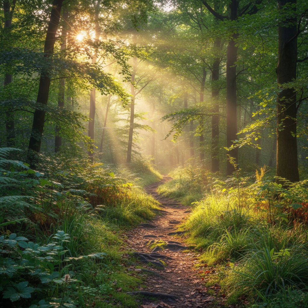 Sentier forestier verdoyant baigné de lumière matinale filtrant entre les arbres, invitation à la marche en pleine conscience dans un cadre naturel apaisant