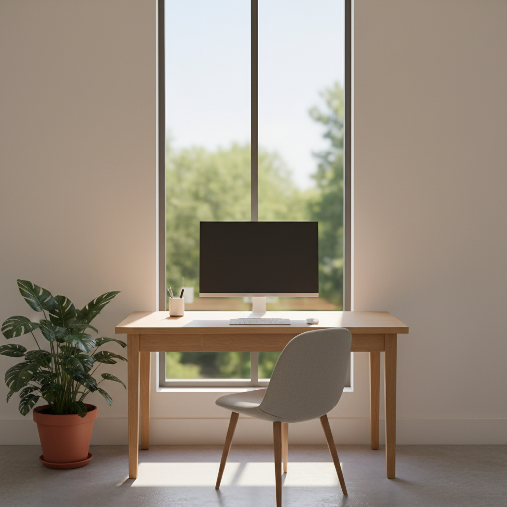 Espace de travail épuré avec bureau en bois clair, lumière naturelle abondante depuis une fenêtre et plante verte, symbolisant un environnement favorable à la concentration