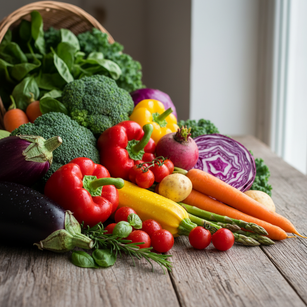 Variété de légumes frais et colorés disposés sur une surface naturelle en bois, représentant la diversité d'une alimentation végétale équilibrée